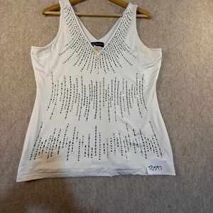 Grayson Womens‎ White Embellished V-Neck Tank Top Rhinestone Studded Large L